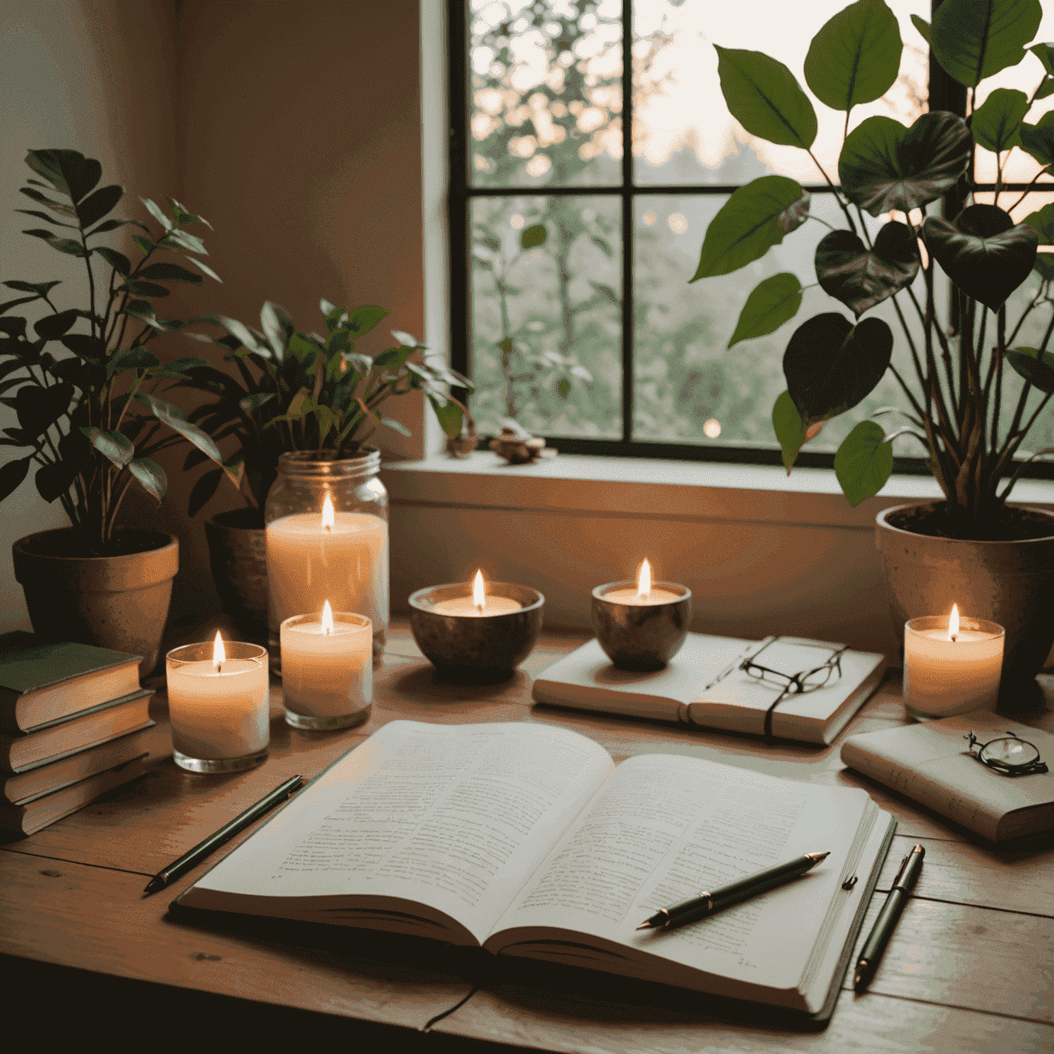 A serene writing space with a journal, soft lighting, and calming elements like plants or candles, inviting mindful reflection